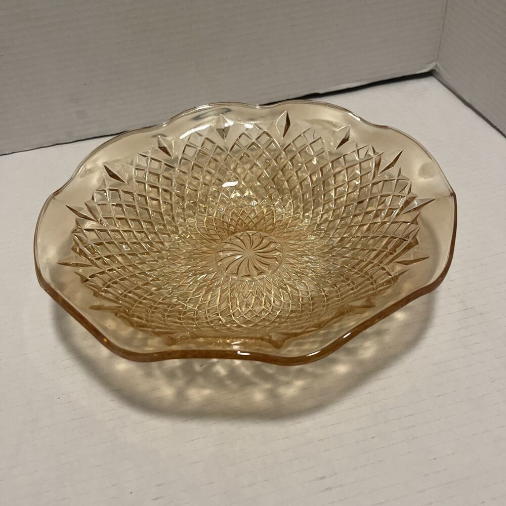 Vintage Amber Carnival Glass Ruffled Bowl 11' in Quit Diamond Pattern